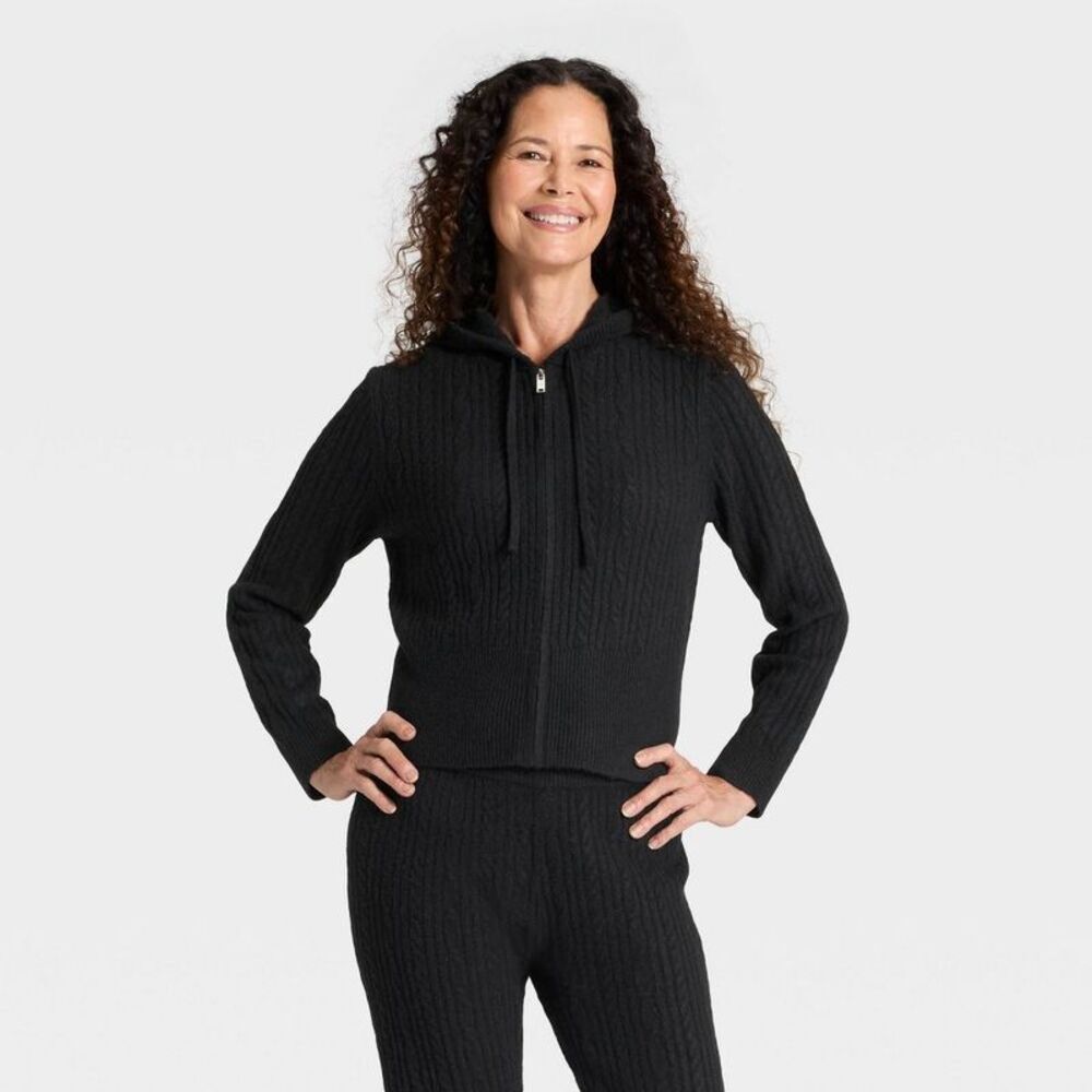 Women's Cozy Zip-Up Hoodie Cardigan Sweater - Universal Thread Black XL